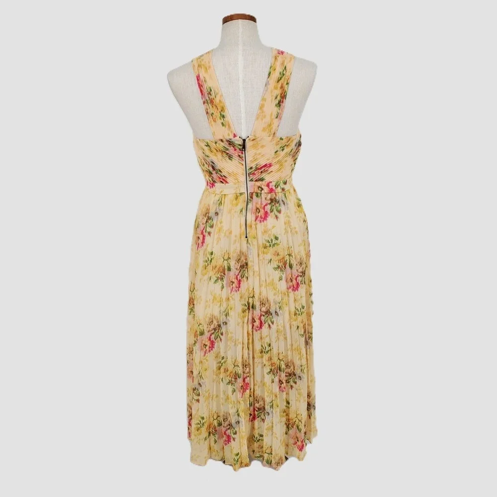 Ted‎ Baker Womens 0 US 2 Amerah Cross Front Pleated Midi Dress Tan Yellow Floral